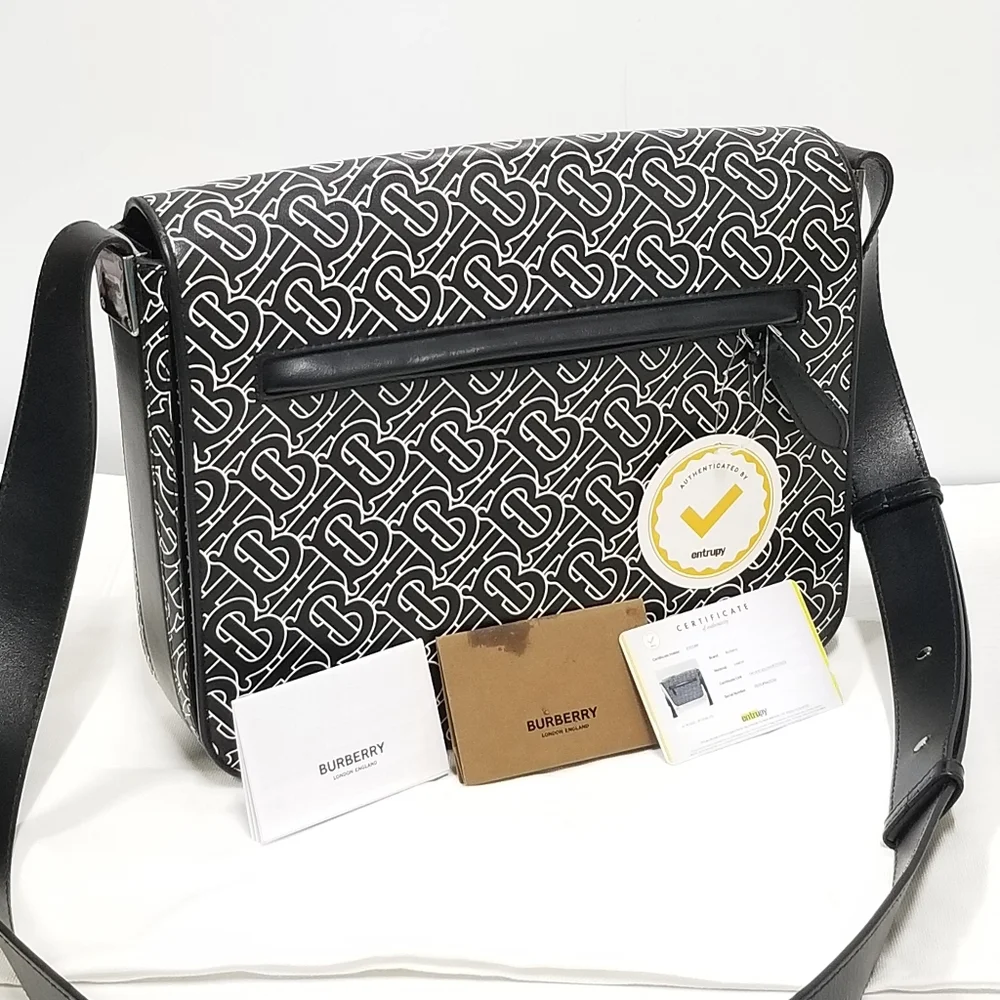 BURBERRY Calfskin Monogram TB Print Black and White Messenger Crossbody Bag